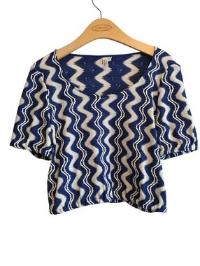 & Other Stories Blue and White Jacquard Knit Wave Crop Top Sz 12 Casual Stretchy
